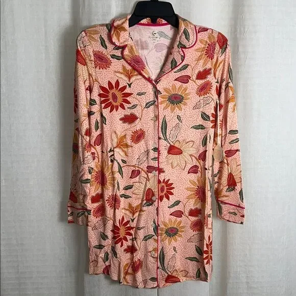 Spartina 449 XXS Botanic Garden Peach Pink Boho Floral Long Sleeve Sleep Shirt - Picture 8 of 16